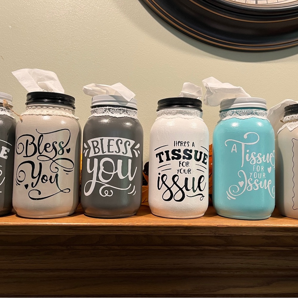 Decorative Tissue Holder Jars in colors shown, refillable 2 designs, painted